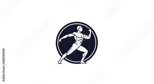 Muscular running man in a circular logo, symbolizing strength and athletics, isolated white background.