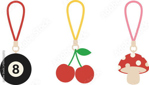Cute Keychain Charms Set with Eight Ball Cherries and Mushroom Flat Vector Illustration