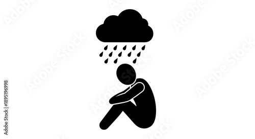 Depressed person sitting under a rain cloud, feeling sad and lonely, isolated white background.