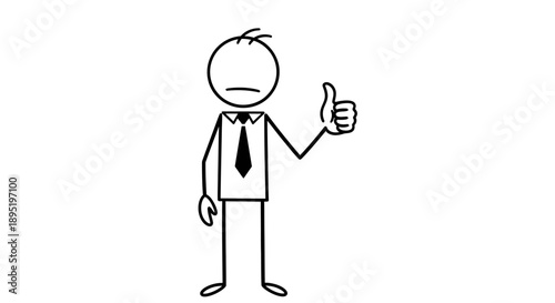Stick figure businessman giving a thumbs up gesture with a neutral expression on an isolated white background.