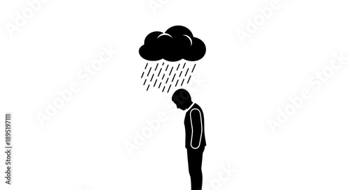 Depressed stick figure man standing under a raining cloud symbolizing sadness and misfortune on an isolated white background.