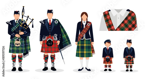 Traditional Scottish Family in Kilt Outfits Standing Together with Bagpipes and Tartan Patterns in a Formal Illustration