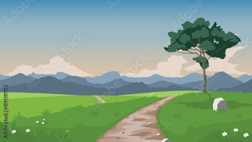 Beautiful nature landscape with winding path through green meadow. Lone tree and mountains under blue sky vector illustration for web banner. Travel background and eco concept.