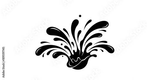 Dynamic black abstract splash or ink explosion effect with droplets on an isolated white background.