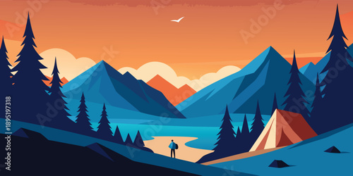 Campers in a mountainous landscape at sunset