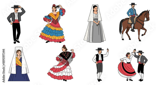 Traditional Spanish Folk Dancers and Matador in Various Costumes, Festive Dance Illustrations