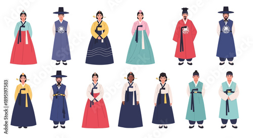 Collection of traditional Korean women wearing hanbok dresses and hats in various colors and poses