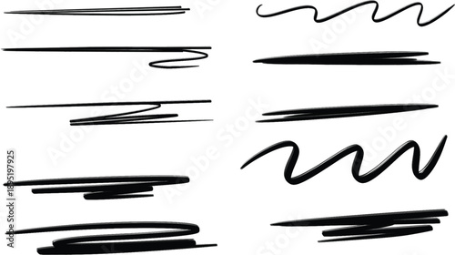 Black underline chalk brush strokes, pencil line crayon texture, rough wavy zigzag patterns, straight horizontal sketch elements, artistic hand drawn design markings, creative textured 