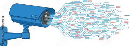 Flat vector illustration of a blue security camera processing digital data with circuit board lines and technology patterns for artificial intelligence surveillance concepts.