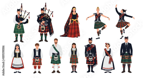 Diverse Group of People in Traditional Scottish Dress Performing Cultural Dance and Music, Vector Illustration