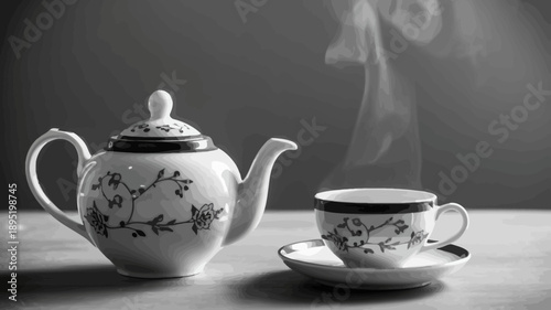 Black and white photo of steaming tea set on table top