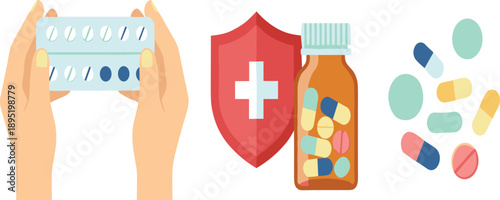 Medical Pills and Health Protection Concept with Shield and Medicine Bottle Vector Illustration