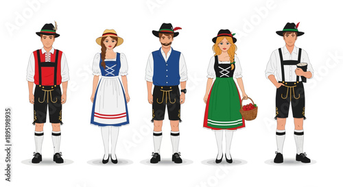 Traditional German folk costumes displayed in a row with cultural attire and accessories