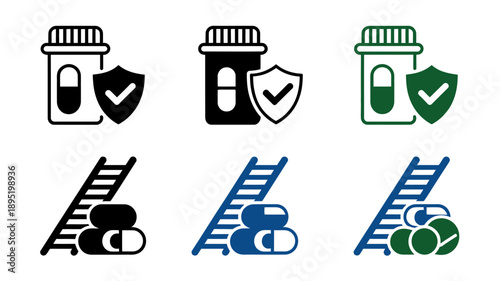 Medication safety symbols with ladders and pill bottles icons