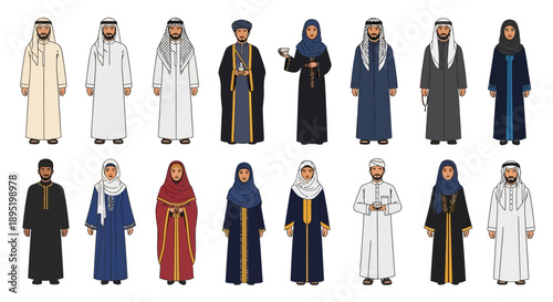 Diverse group of people in traditional attire standing together, showcasing various cultural robes and garments, vector illustration, flat style
