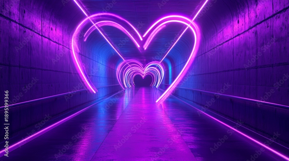 Fototapeta premium A glowing pink heart in a futuristic tunnel with neon lines is suitable for atmospheric backgrounds in contemporary art projects or music videos.