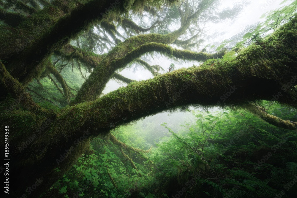 Fototapeta premium Enchanted forest with moss-covered trees and misty atmosphere