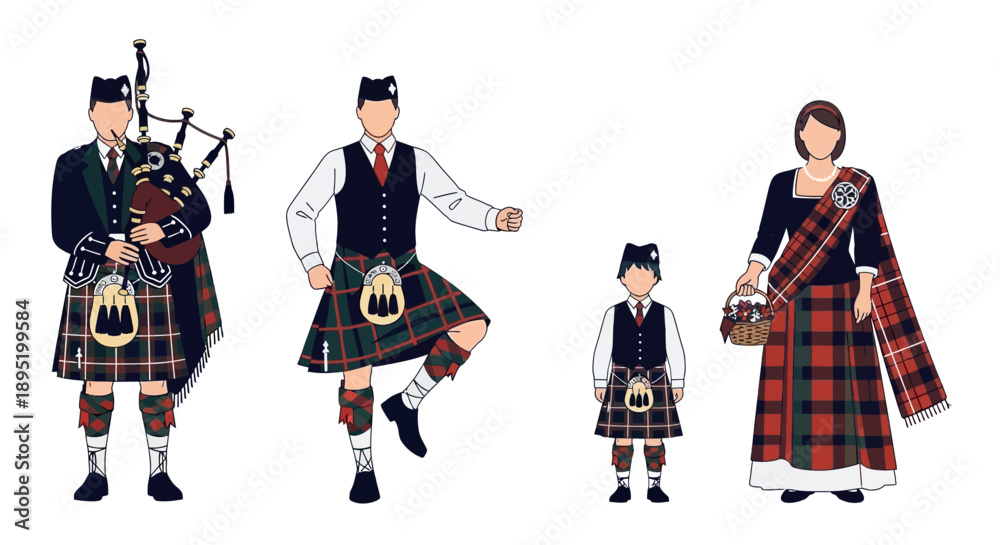Φωτογραφία Family in traditional Scottish attire performing with bagpipes in a cultural set
