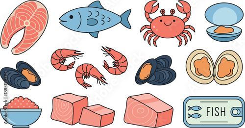 Seafood Collection with Salmon Shrimp Crab Mussels and Fish Products Flat Vector Illustration Set