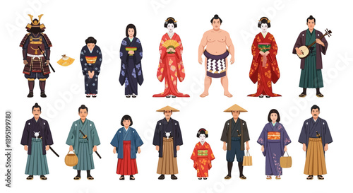 Traditional Japanese Characters in Various Occupations and Roles Illustrated in a Cultural Setting