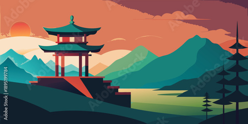 Traditional japanese pagoda in mountainous landscape