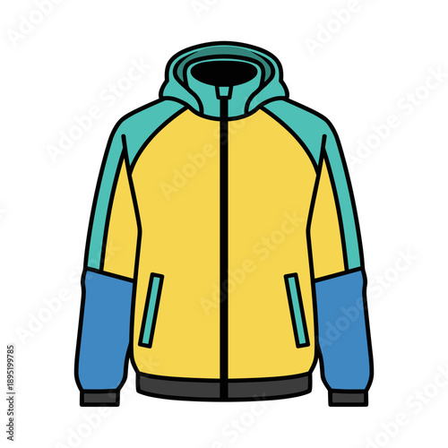 Colorful windbreaker jacket with hood zipped up isolated on white background, concept of lightweight outerwear and casual fashion