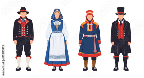 Traditional cultural attire illustration featuring folk costumes from different regions in a straight line