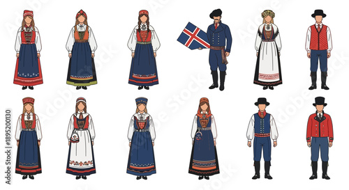 Illustrations of diverse traditional folk costumes and cultural attire from various regions