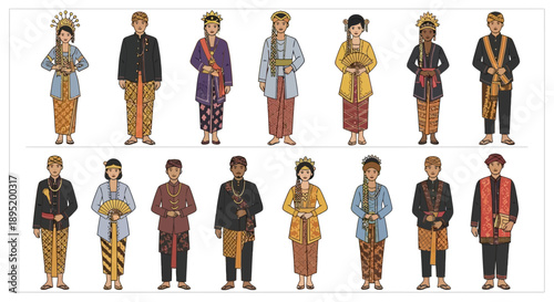Traditional Cultural Figures Standing in Various Attires and Accessories
