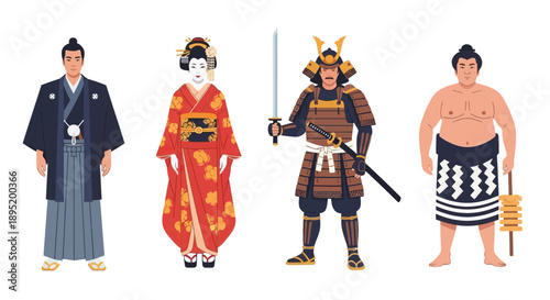 Illustration of traditional Japanese figures including samurai, geisha, sumo, and martial artist standing together