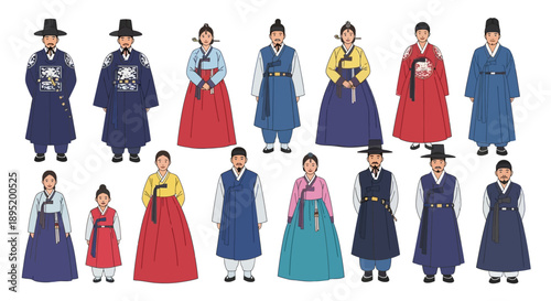 Traditional Korean Clothing Illustrations Featuring Hanbok, People, Culture, Fashion, and Heritage in a Cultural Setting