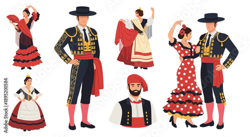 Traditional Spanish Flamenco Dancers and Toreros Performing in Vibrant Costumes, Dancing with Passion and Energy