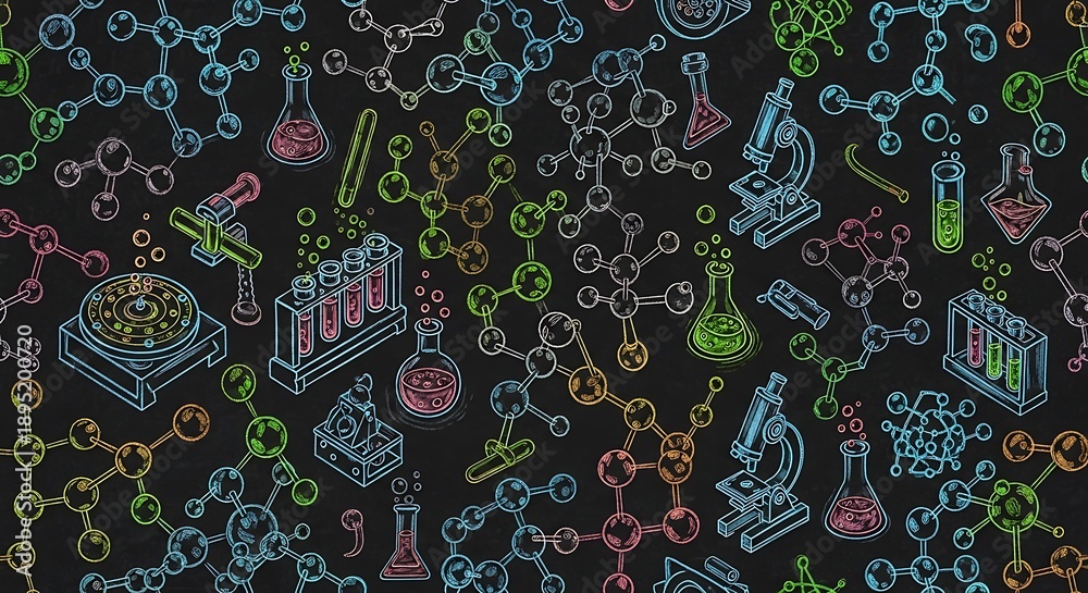 Naklejka premium Colorful Scientific Laboratory Equipment and Molecular Structures on Dark Background.