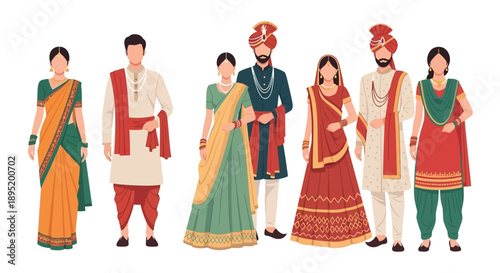 Diverse group of people in traditional Indian attire standing together, showcasing cultural heritage and unity from a frontal viewpoint