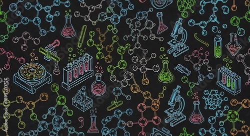 Colorful Scientific Laboratory Equipment and Molecular Structures on Dark Background.