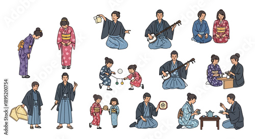 Traditional Japanese people in various poses and activities, wearing kimonos, in a cultural setting, illustrated from a frontal viewpoint