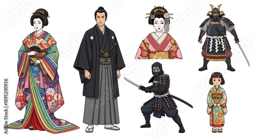 Traditional Japanese Characters in Historic Attire Standing Together in a Cultural Setting