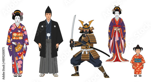 Traditional Japanese Characters in Various Attire Standing Together in a Cultural Scene Illustration View