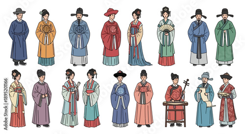 Traditional Korean clothing illustrations of nobility and commoners in a historical setting from a frontal viewpoint