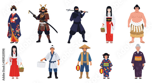 Collection of traditional Japanese characters in various attire and poses illustrated in a digital artwork