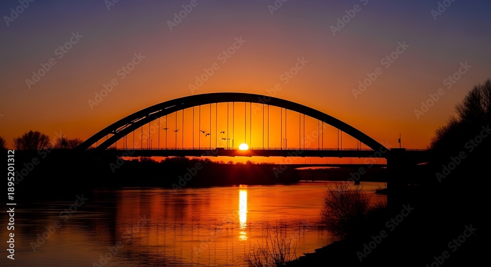 Obraz premium Sunset over bridge with water reflection.
