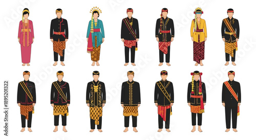 Collection of diverse traditional male attire illustrations in various cultural costumes and accessories