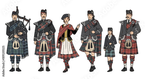 Group of Scottish pipers and drummers in traditional attire marching together in a cultural procession scene from a frontal viewpoint