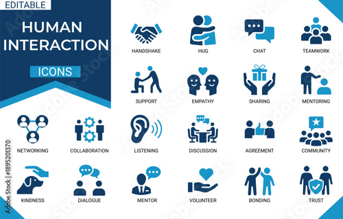 Human interaction solid icon set featuring teamwork, collaboration, handshake, agreement, mentoring, networking, partner, dialogue, trust, business editable soild vector icons collection.