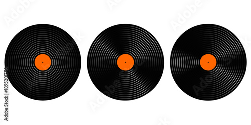 Set of vinyl records. LP or long play music plates for gramophone isolated on white background. DJ discs for techno party. 70s 80s 90s discotheque nostalgia concept. Vector flat illustration.