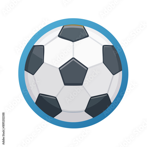 A close-up graphic illustration of a soccer ball with black and white panels surrounded by a blue circle