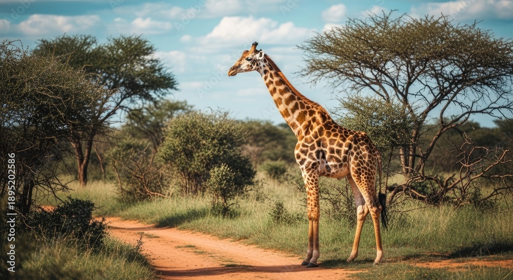 Obraz premium A giraffe standing on a dirt road in a savannah with trees and grass