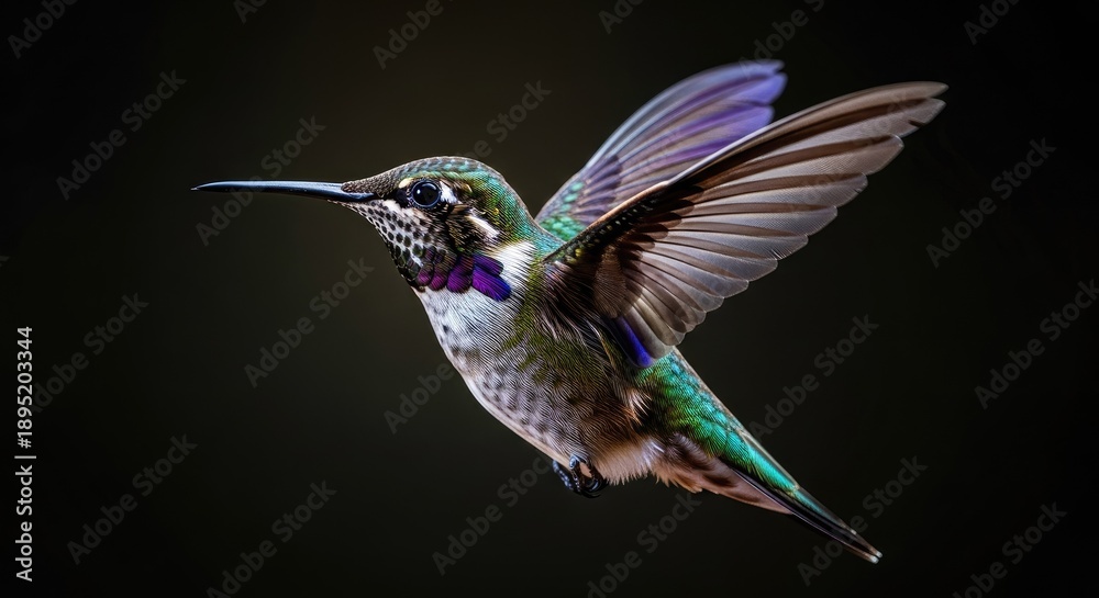 Fototapeta premium A hummingbird in flight with vibrant green and purple feathers