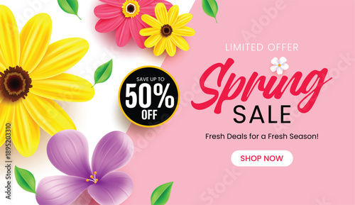 Horizontal spring sale banner featuring realistic 3D yellow, pink, and purple flowers with green leaves on a split white and pink background.