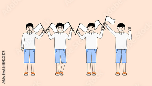 Four kids are holding flags and wearing white shirts and blue shorts